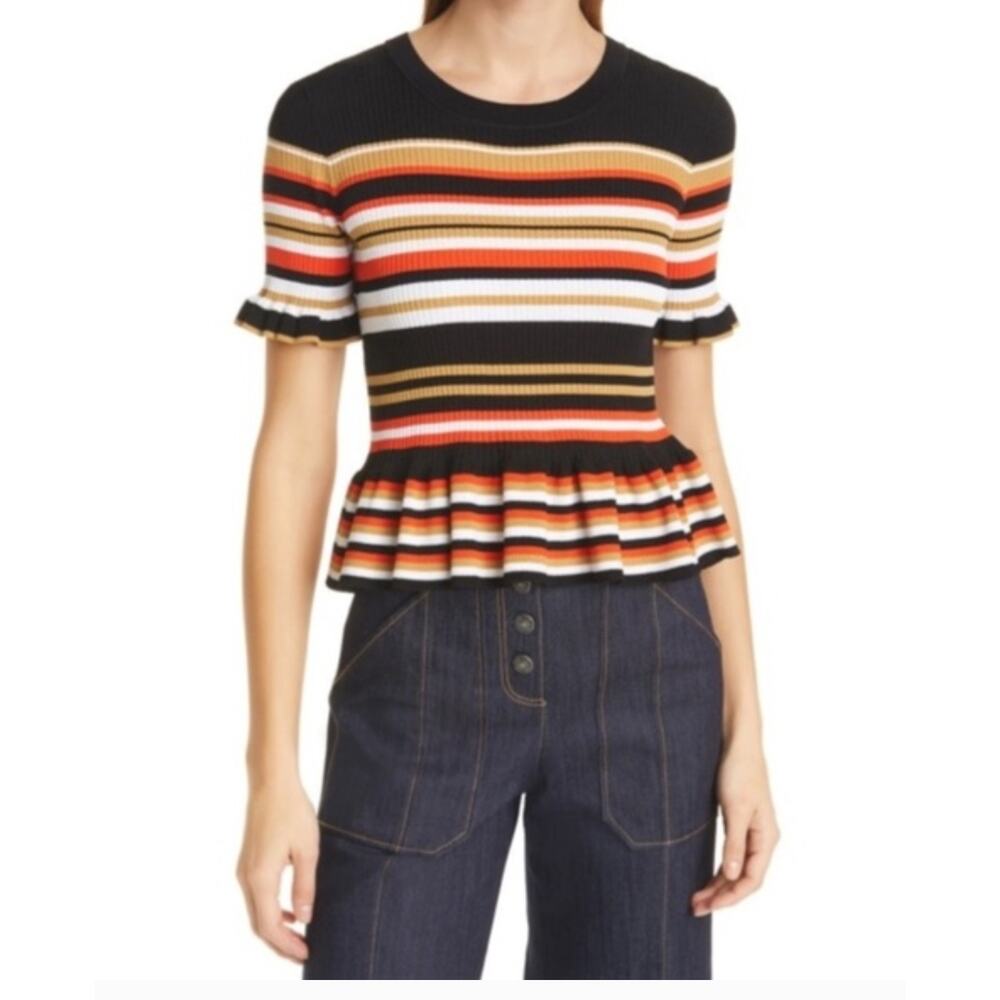 cinq a sept Black Multi-Stripe Ruffle-Hem Knit Top